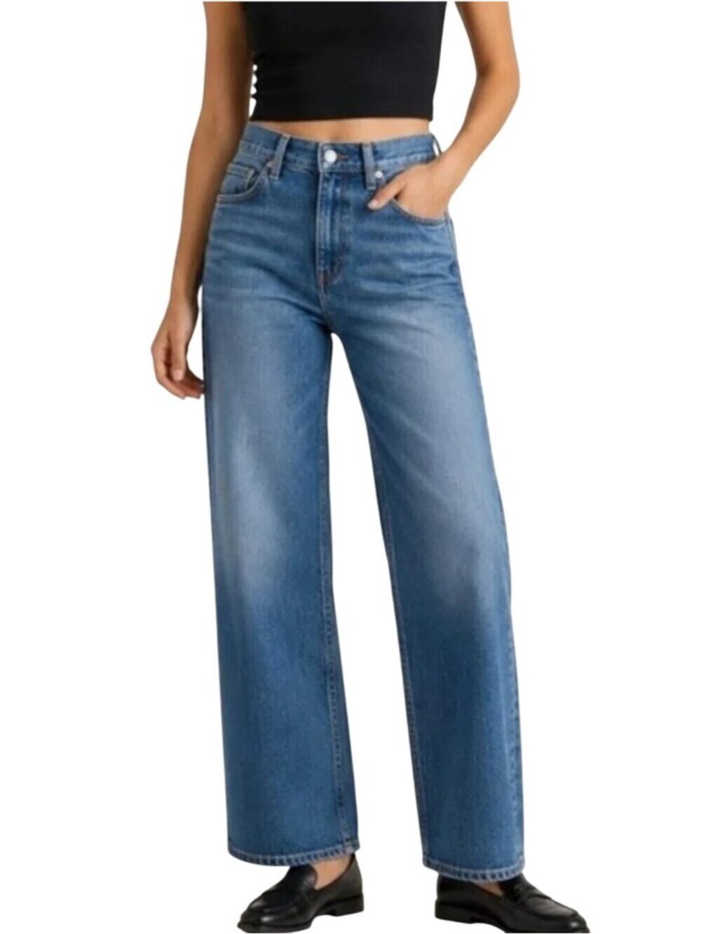Quince Bella Stretch Relaxed Straight Jeans High Rise Blue Size 31 NWOT